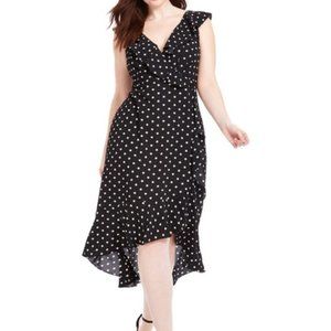Faux-wrap, high-lo, ruffle, polka dot dress